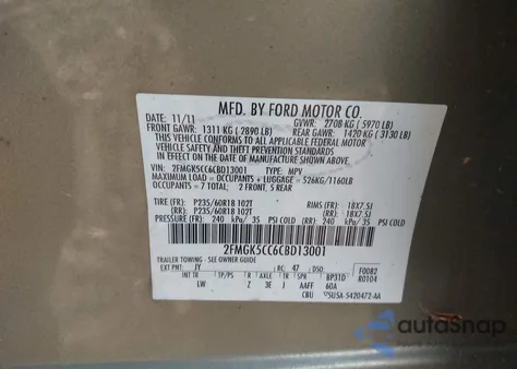 2012 Ford Flex Sel из США, поврежденный, VIN 2FMGK5CC6CBD13001